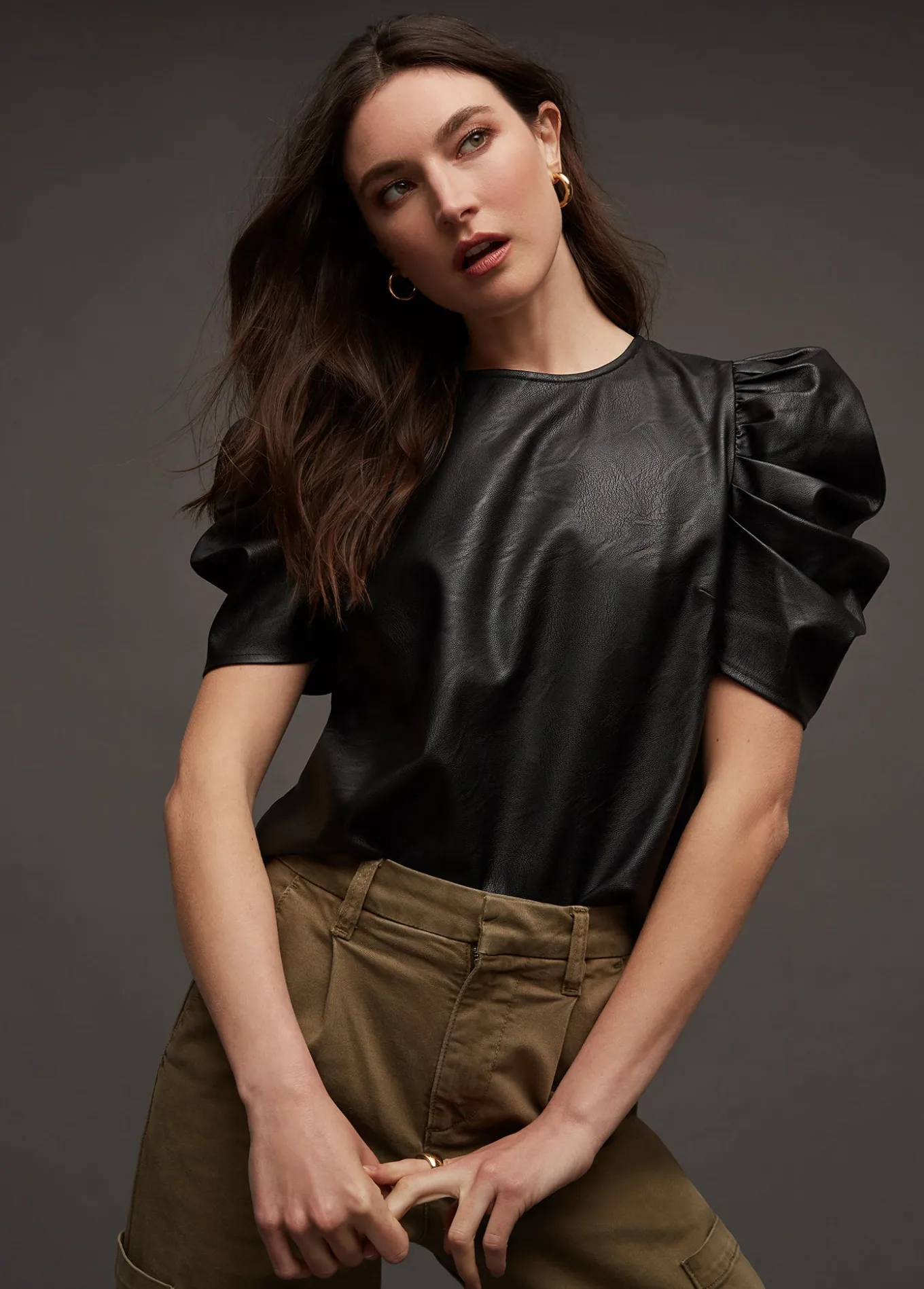 KIRA VEGAN LEATHER PUFF SLEEVE TOP